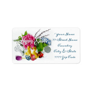 Waterverf paaseieren, slangen en lentbloemen etiket