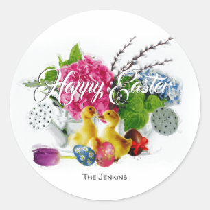 Waterverf paaseieren, slangen en lentbloemen ronde sticker