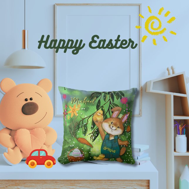 Waterverf paashaas & kippen kussen (Watercolor Easter Bunny & chickens Throw Pillow)