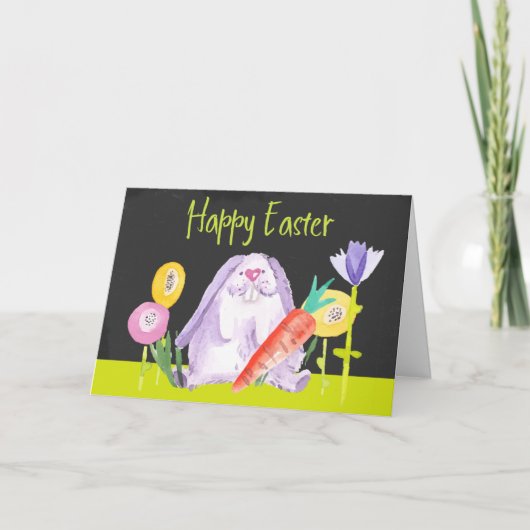 Waterverf paashaas met wortel en bloemen feestdagen kaart (Voorkant)