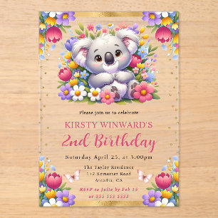 Waterverf Paaskolala & Lente Bloemen Verjaardag Acryl Uitnodigingen