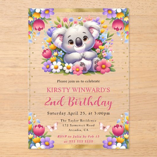 Waterverf Paaskolala & Lente Bloemen Verjaardag Acryl Uitnodigingen (Voorkant)