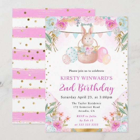 Waterverf paaskonijn en bloemen verjaardag kaart (Voorkant / Achterkant)