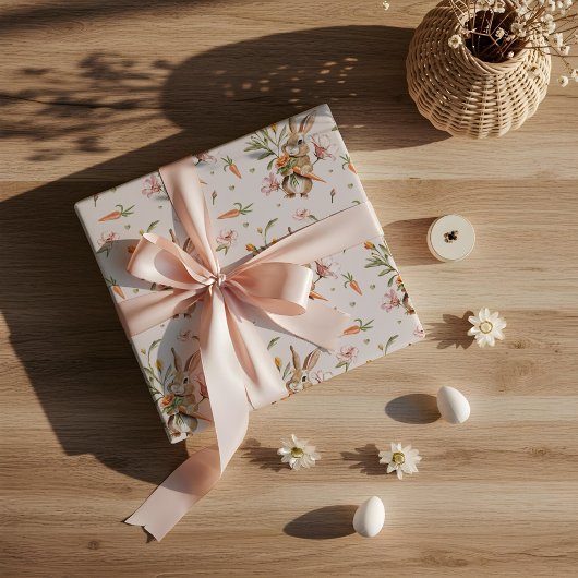 Waterverf Paaskonijn, Wortelen & Bloemontwerp Cadeaupapier