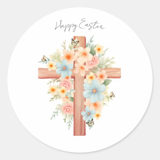 Waterverf Paaskruis gepersonaliseerd Ronde Sticker (Voorkant)