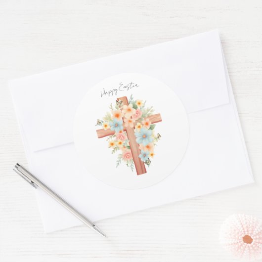 Waterverf Paaskruis gepersonaliseerd Ronde Sticker (Envelop)