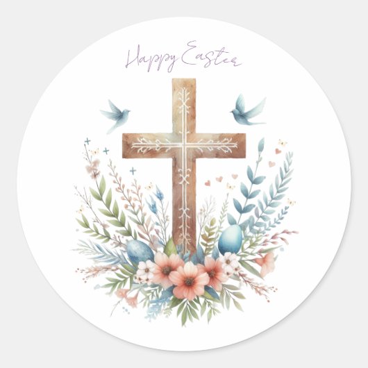 Waterverf Paaskruis gepersonaliseerd Ronde Sticker (Voorkant)
