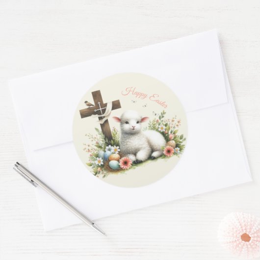 Waterverf Paaslam gepersonaliseerd Ronde Sticker (Envelop)