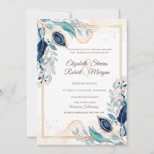 Waterverf Pacock Floral Wedding Kaart (Voorkant)