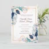 Waterverf Pacock Floral Wedding Kaart (Staand voorkant)
