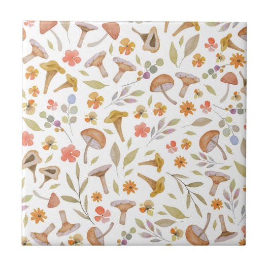 Waterverf Paddenstoelen en bloemen Tegeltje (Voorkant)