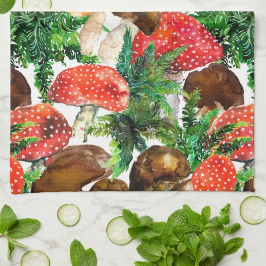 Waterverf paddenstoelen en groen ijzerpatroon theedoek (Gevouwen)