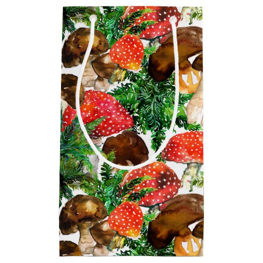 Waterverf paddenstoelen en groen varenpatroon klein cadeauzakje (Voorkant)