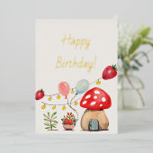 Waterverf Paddestoel en Aardbeien Schattigee Parti Folie Uitnodiging (Staand Voorkant)