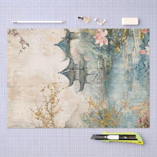  Waterverf Pagode en Lotus Pond Tissuepapier (Craft)
