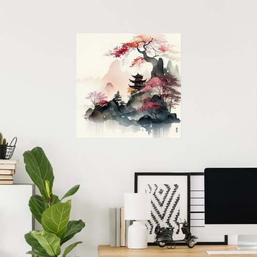 Waterverf Pagode Kunst Poster (Thuiskantoor)