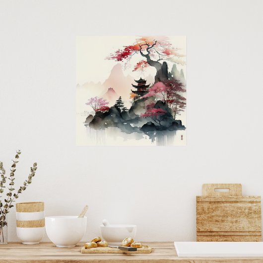 Waterverf Pagode Kunst Poster (Keuken)