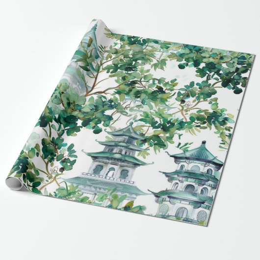 Waterverf Pagodes Olijfbos Aziatisch Landschap Cadeaupapier (Uitgerold)