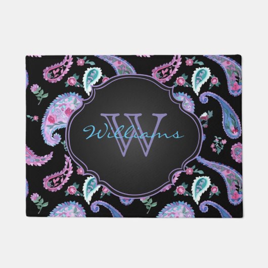 Waterverf Paisley Zwart Lavendel Monogram Deurmat (Voorkant)