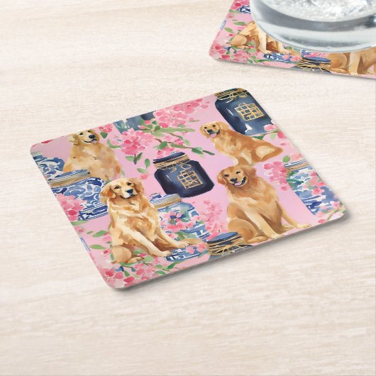 Waterverf Palm Beach Golden Retrievers Ginger Jar Kartonnen Onderzetters (Schuin)