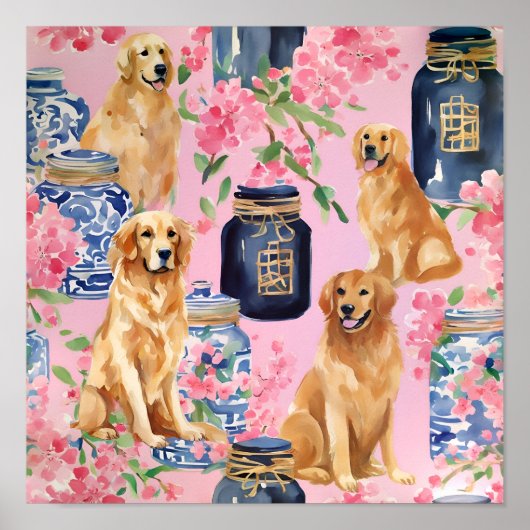 Waterverf Palm Beach Golden Retrievers Ginger Jar Poster (Voorkant)