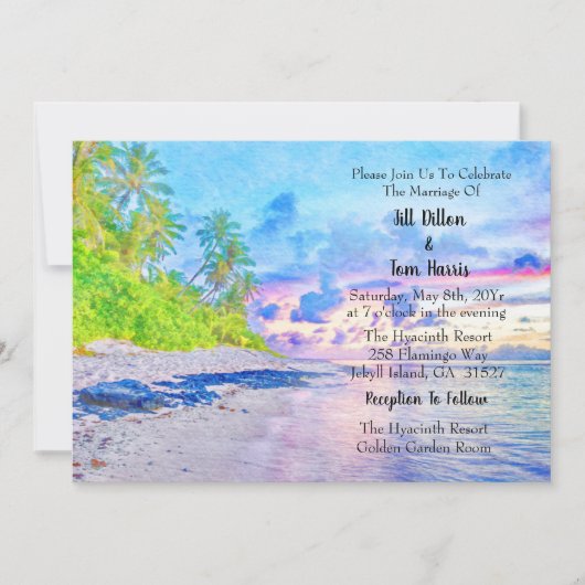 Waterverf Palm Beach Sunset Bruiloft Kaart (Voorkant)