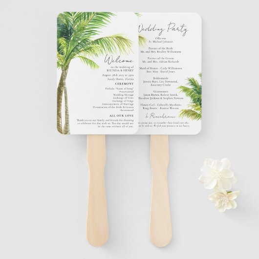 Waterverf Palm Beach Wedding Program Handwaaier (Voorkant en achterkant)