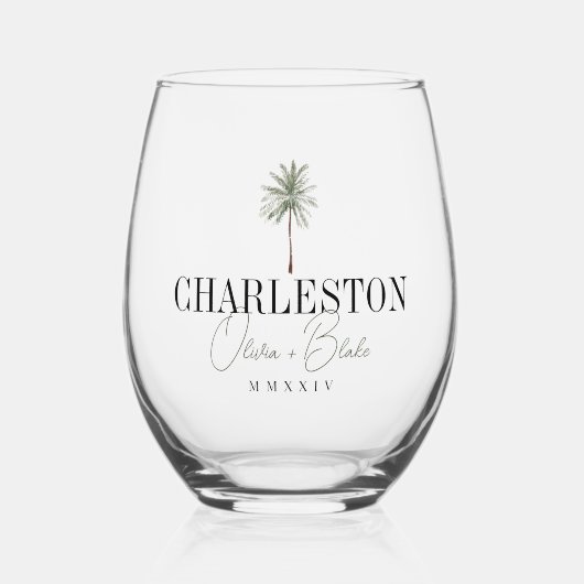 Waterverf Palm Bestemming Trouwgunst Wijnglas Zonder Voet (Voorkant)