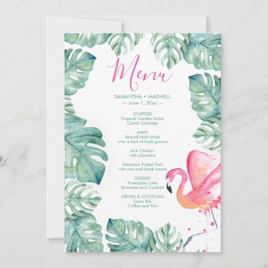 Waterverf Palm blaast Roze Flamingo Tropical Menu Kaart (Voorkant)