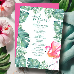 Waterverf Palm blaast Roze Flamingo Tropical Menu Kaart