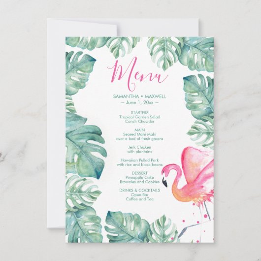 Waterverf Palm blaast Roze Flamingo Tropical Menu Kaart (Voorkant)
