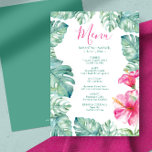 Waterverf Palm blaast Roze Hibiscus Tropisch Menu Kaart<br><div class="desc">Deze roze hibiscus en monstera palm verlaat een menukaart voor het plaatsen van de avondmaaltijd. Dit is perfect voor een tropische verjaardagsfeestdag en voor een afstudeerfeest. Het ontwerp kenmerkt mijn originele botanische groenen en bloemen waterverf. De typografie wordt geplaatst in een handgeschreven manuscript en sans serif doopvont in roze en...</div>