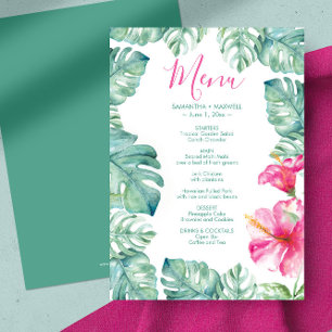 Waterverf Palm blaast Roze Hibiscus Tropisch Menu Kaart
