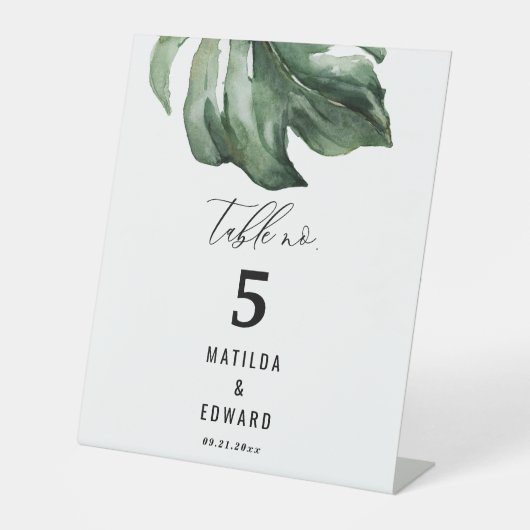 waterverf palm elegant script bruiloft reclamebord met voetstuk (Voorkant)