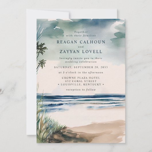 Waterverf palm en beach grass Wedding Invitation Kaart (Voorkant)