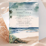 Waterverf palm en beach grass Wedding Invitation Kaart<br><div class="desc">Deze Waterverf Palm en Beach Grass Wedding Invitation is de perfecte keuze voor stellen die dromen van een mooie en romantische strandbruiloft. Het ontwerp bevat een verbluffend schilderij van palmbomen op een prachtig strand met zachte pasteltinten blauw en groen, waardoor een serene en droomige atmosfeer ontstaat. De uitnodigingstekst is gemakkelijk...</div>