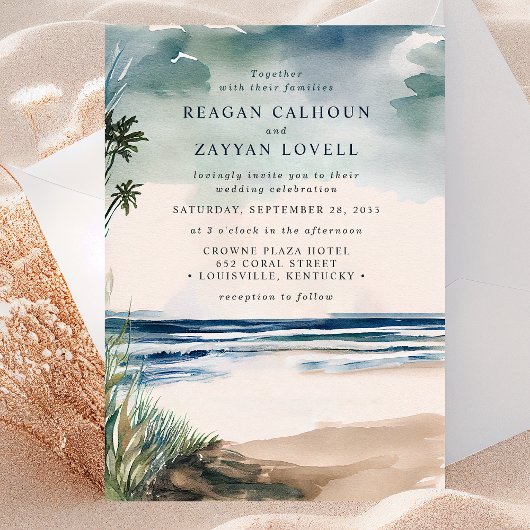 Waterverf palm en beach grass Wedding Invitation Kaart