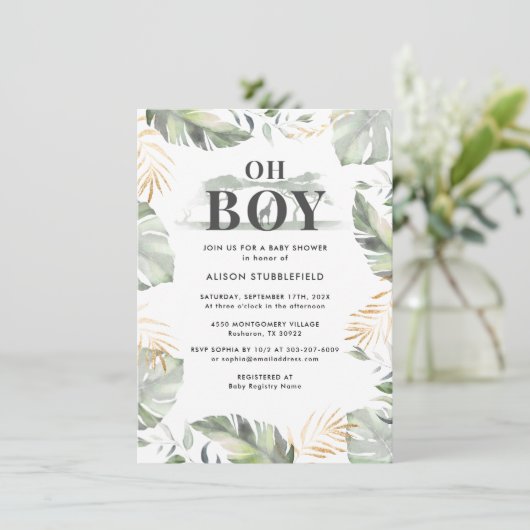 Waterverf Palm Giraffe Safari Boy Baby shower Kaart (Staand voorkant)