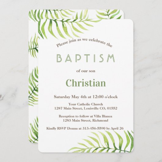 Waterverf Palm Leaves Beach Boy Baptisme Invite Kaart (Voorkant / Achterkant)