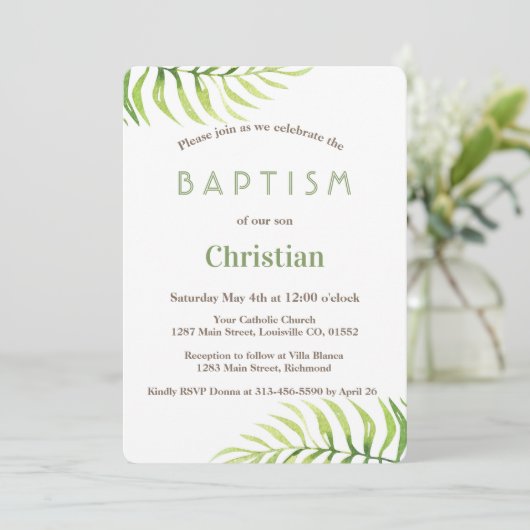 Waterverf Palm Leaves Beach Boy Baptisme Invite Kaart (Staand voorkant)