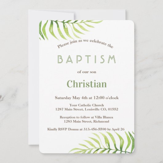 Waterverf Palm Leaves Beach Boy Baptisme Invite Kaart (Voorkant)