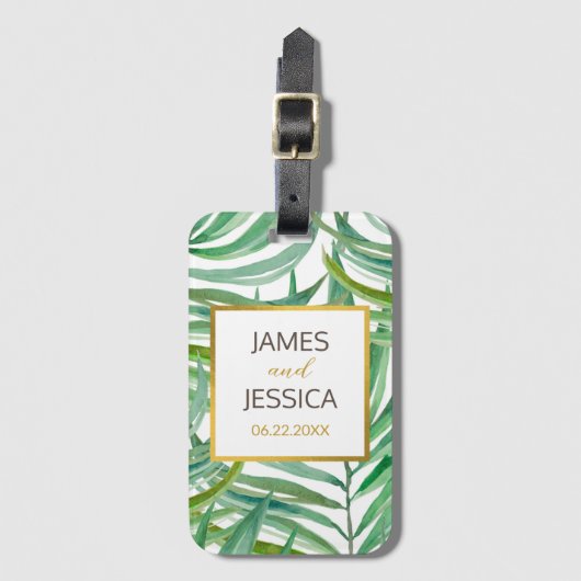 Waterverf Palm Leaves Personalized Wedding Favor Bagagelabel (Voorkant (verticaal))