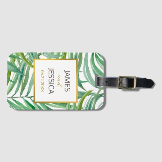 Waterverf Palm Leaves Personalized Wedding Favor Bagagelabel (Voorkant (horizontaal))