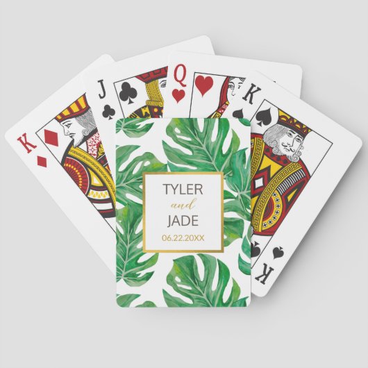 Waterverf Palm Leaves Personalized Wedding Favor Pokerkaarten (Achterkant)