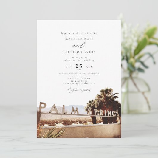 Waterverf Palm Springs Californië teken bruiloft Kaart (Staand voorkant)