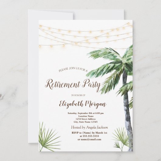 Waterverf Palm String Lights Retirement Party Kaart (Voorkant)