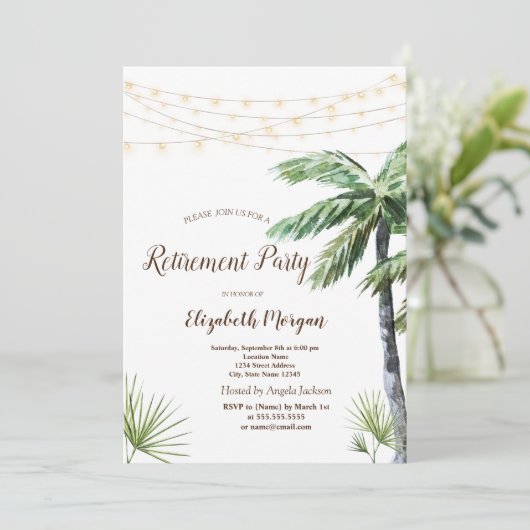 Waterverf Palm String Lights Retirement Party Kaart (Staand voorkant)