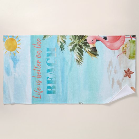 Waterverf Palm Sun roze flamingo's Strandlaken (Voorkant)