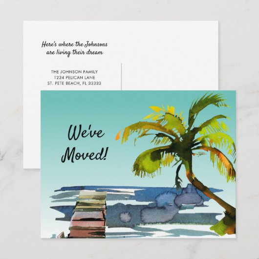 Waterverf Palm Tree Aqua Sky verhuisde naar Florid Aankondigingskaart (Voorkant / Achterkant)