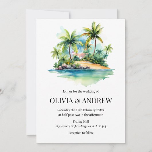 Waterverf Palm Tree Beach Tropical Island Huwelijk Kaart (Voorkant)